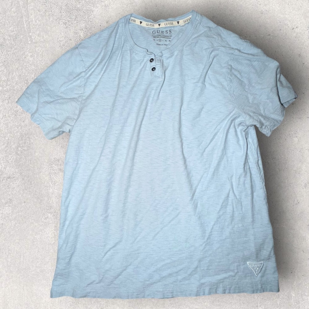 Guess Mens Light Blue Short Sleeve Henley Organic Cotton Slub Shirt Size M